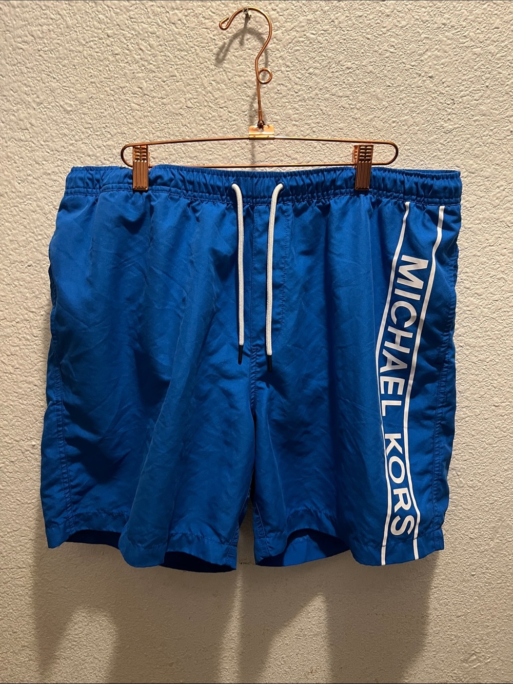 Michael Kors Blue Swim Trunks with White Logo Stripe